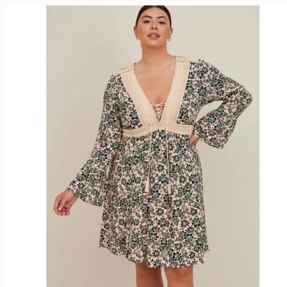 Torrid MiniโGauze Lace-Up Skater Dress floral boho